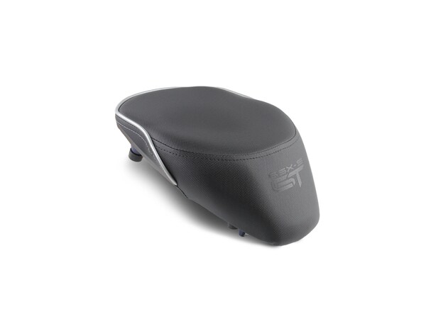 Sargent's World Sport rear motorcycle seat for the Suzuki GSX-S 1000GT and Suzuki GSX-S 1000GX with Performance Plus motorcycle seat cover, silver welt and GT Logo.